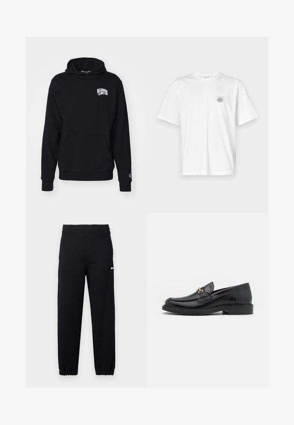 Sweat à capuche noir en tissu doux, avec une poche avant et un texte logo sur la poitrine, ainsi que des poignets et un ourlet côtelés.; T-shirt blanc en coton avec des manches courtes, un col ras du cou et un petit logo gris sur la partie gauche de la poitrine. Texture lisse.; Pantalon de survêtement noir avec taille et poignets élastiques, arborant un petit logo blanc sur la partie supérieure de la cuisse gauche.; Mocassins en cuir noir avec un embout rond, présentant des accents en métal doré et des détails de couture, montés sur une semelle en caoutchouc texturé et basse.