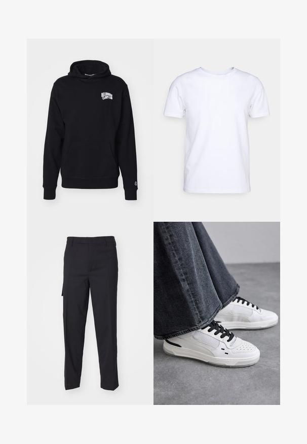 Sudadera con capucha negra, hecha de un tejido suave, que incluye un bolsillo frontal y texto del logo en el pecho, con puños y dobladillo de canalé.; Camiseta blanca de manga corta en tejido de algodón con cuello redondo. Diseño simple sin patrones ni acentos. Textura suave.; Pantalones negros hechos de una tela tejida suave. Cuentan con un corte recto, ajuste slim, presillas para cinturón y un bolsillo lateral.; Zapatillas blancas con cordones negros y detalles de malla. Presenta un upper de cuero liso y una suela de goma texturizada. Combinadas con unos vaqueros de pierna ancha en gris.