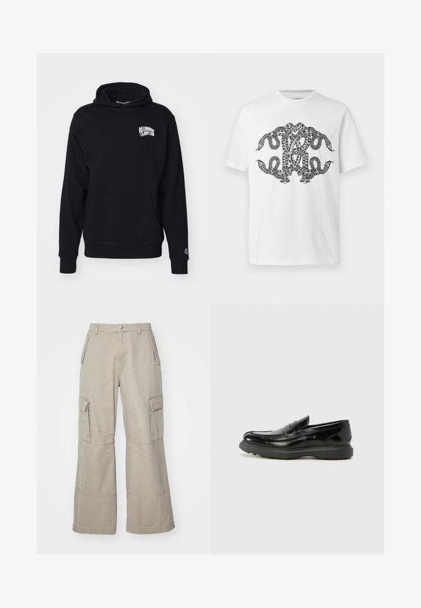 Sweat à capuche noir en tissu doux, avec une poche avant et un texte logo sur la poitrine, ainsi que des poignets et un ourlet côtelés.; T-shirt blanc avec un motif noir complexe et symétrique de serpents entrelacés sur le devant.; Pantalons cargo kaki en coton mélangé, avec des jambes larges, plusieurs poches latérales et des détails de couture subtils.; Mocassin en cuir noir avec une finition brillante, bout arrondi, détails de couture subtils et semelle en caoutchouc épaisse pour la durabilité.