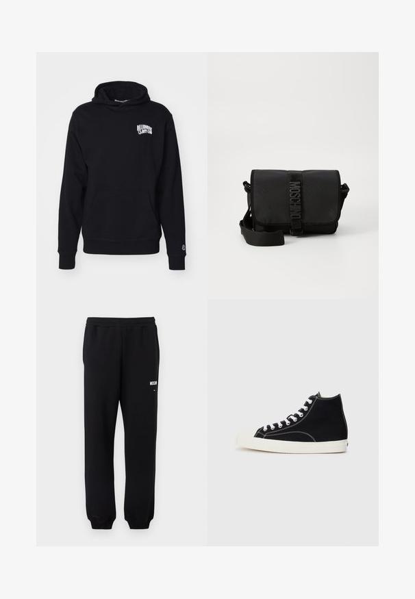 Sudadera con capucha negra, hecha de un tejido suave, que incluye un bolsillo frontal y texto del logo en el pecho, con puños y dobladillo de canalé.; Pantalones deportivos negros con cinturilla y puños elásticos, con un pequeño logo blanco de "Moschino" en la parte superior del muslo izquierdo.; Zapatillas altas de lona en negro con cordones blancos, que presentan una puntera de goma y costuras blancas en contraste.; Bolso cruzado negro de nailon con solapa, que cuenta con un cierre de cinta con logo prominente, correa ajustable y detalles de costura lateral.