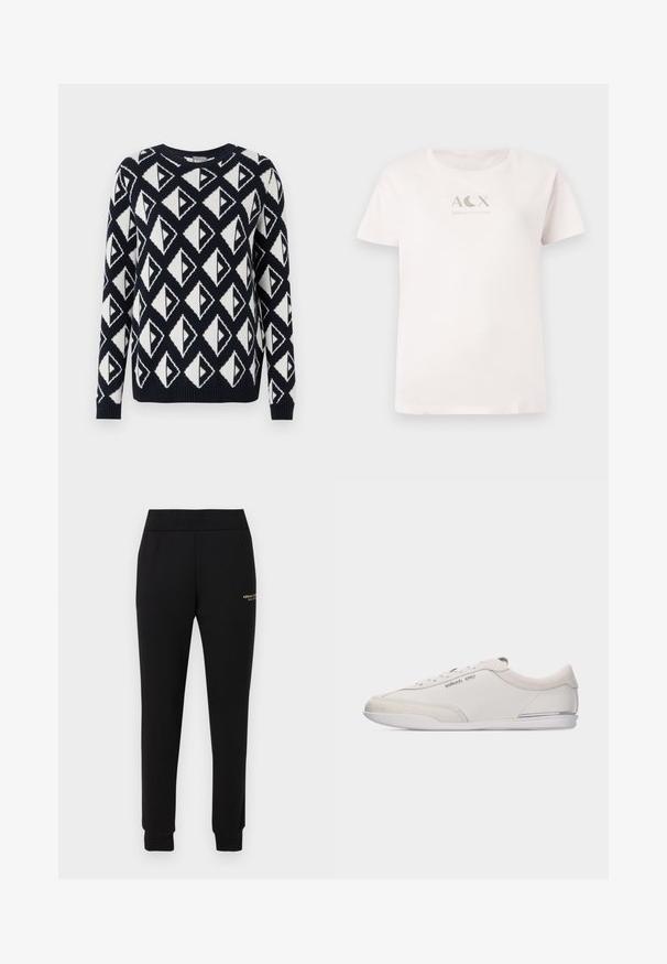 Strikket sweater i marineblå og hvid med et geometrisk trekantet mønster. Har en rund halsudskæring samt ribbede manchetter og kant.; Lyserød bomulds t-shirt med korte ærmer og rund hals, som har et metallic sølvfarvet "ACX ARMANI EXCHANGE" logo på forsiden.; Sorte, tilspidsede sweatpants med elastisk talje og manchetter, med lille gyldent "Armani Exchange"-logo på højre lår.; Lavprofil hvid og beige snøresneakers med glat læder og ruskindsdetaljer, med en lille Michael Kors-logo på siden.