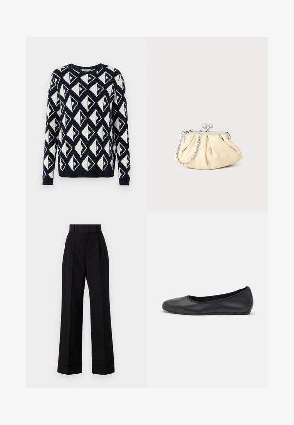 Strikket sweater i marineblå og hvid med et geometrisk trekantet mønster. Har en rund halsudskæring samt ribbede manchetter og kant.; Højblusede sorte bukser lavet af bomuld. Har en vide ben-design, plisseringer og opfoldede manchetter. Glat tekstur, ingen synlige mønstre eller metaldele.; Sort læderballetsko med rund tå, glat tekstur, minimal syning og et fleksibelt såldesign.; Plisseret beige læderclutch med en sølvmetalramme, der har to runde dekorative låse og en sølvkædetrasporte.