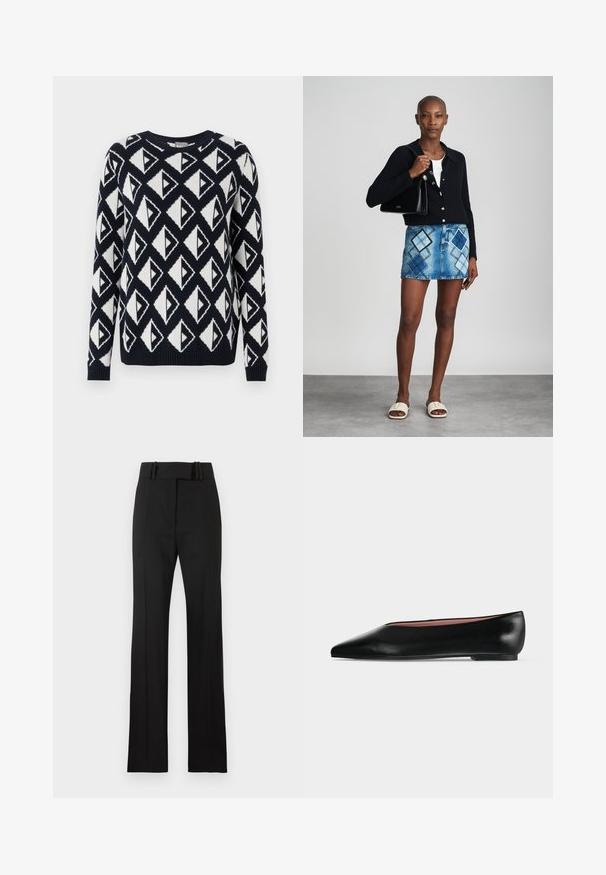 Strikket sweater i marineblå og hvid med et geometrisk trekantet mønster. Har en rund halsudskæring samt ribbede manchetter og kant.; Sorte, højtaljede, skræddersyede bukser med bæltestropper, lige ben og en lynlåslukning foran, vist på en ensfarvet baggrund.; Sort damesko i læder med flad hæl og spids tå, vist fra siden på en ensfarvet lys grå baggrund.; Sort striktrøje, hvid top, denimnederdel med blå og sort diamantmønster, sort håndtaske og beige slidesandaler.