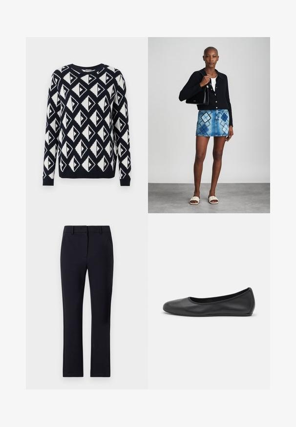 Strikket sweater i marineblå og hvid med et geometrisk trekantet mønster. Har en rund halsudskæring samt ribbede manchetter og kant.; Marineblå skræddersyede bukser med flad front, bæltestropper, to sidelommer og lige ben. Lavet af et glat stof.; Sort læderballetsko med rund tå, glat tekstur, minimal syning og et fleksibelt såldesign.; Sort striktrøje, hvid top, denimnederdel med blå og sort diamantmønster, sort håndtaske og beige slidesandaler.