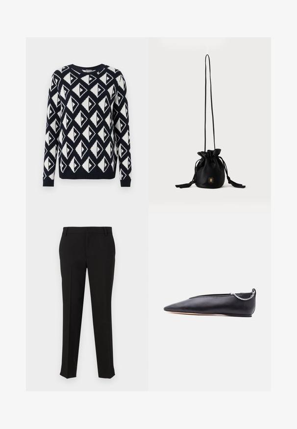 Strikket sweater i marineblå og hvid med et geometrisk trekantet mønster. Har en rund halsudskæring samt ribbede manchetter og kant.; Sorte skræddersyede bukser med en glat stof, der har en lige ben design, bæltesløjfer og sidelommer. Ingen synlige mønstre eller hardware.; Sort læder flad sko med spids tå, lav hæl og sølvkæde detalje bagpå mod en ensfarvet baggrund.; Sort snørelukket bucket-taske med lang tynd rem og lille gyldent firkantet logo foran, vist mod en ensfarvet baggrund.