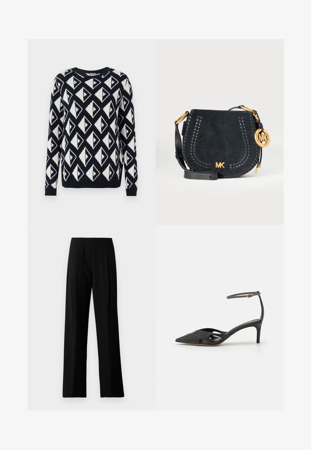 Strikket sweater i marineblå og hvid med et geometrisk trekantet mønster. Har en rund halsudskæring samt ribbede manchetter og kant.; Sorte vidde bukser lavet af glat stof, med en flad talje og frontfald for et skræddersyet look. Ingen synlig hardware eller mønstre.; Sort læder højhælet sko med spids tå, åbne sider og en tynd ankelrem med en lille guld detalje.; Sort ruskind crossbody taske med flettet kant, justerbar læderrem og guld MK-logo samt vedhæng på hvid baggrund.