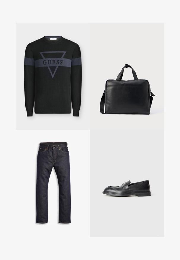 Pull noir à manches longues avec une bande horizontale gris foncé et un triangle inversé portant le mot "GUESS" sur la poitrine et les manches.; Jean en denim bleu foncé avec coupe droite, design à cinq poches, matériel en métal et surpiqûres orange contrastantes. Texture lisse, sans motifs visibles.; Mocassins en cuir noir avec une finition texturée, dotés d'une bride décorative à l'avant et d'un bout arrondi. Semelle en caoutchouc pour plus de durabilité.; Sac de voyage en cuir noir de forme rectangulaire, avec deux poignées, une bandoulière amovible et des ornements minimalistes.
