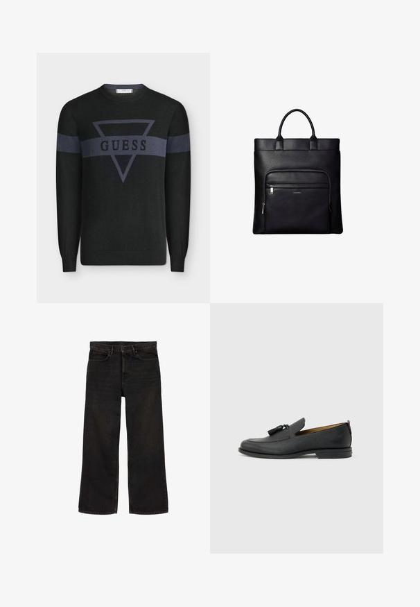 Pull noir à manches longues avec une bande horizontale gris foncé et un triangle inversé portant le mot "GUESS" sur la poitrine et les manches.; Jean noir droit avec poches avant et arrière, passants pour ceinture, fermeture à bouton et coutures visibles.; Mocassin pour homme en cuir noir avec pompons, bout arrondi, petit talon et languette à l'arrière, présenté de profil sur un fond gris clair.; Sac cabas en cuir noir avec anses supérieures et poche avant zippée portant un petit logo Calvin Klein sur la poche.