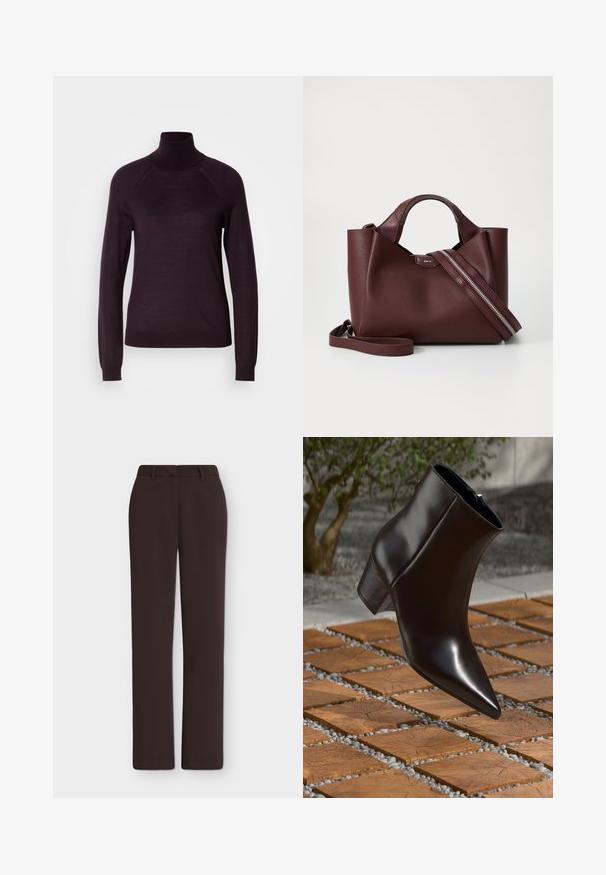 Suéter de cuello alto morado oscuro con mangas largas, puños acanalados y una textura suave; presenta mangas raglán y un diseño ajustado.; Pantalón recto de color marrón oscuro con trabillas para cinturón, bragueta delantera y bolsillos laterales, mostrado sobre un fondo blanco liso.; Botín de cuero negro hasta el tobillo con punta afilada, tacón de bloque y textura suave, posicionado sobre una superficie de madera y grava.; Bolso de mano de cuero burdeos con un acabado texturizado, dos asas cortas y una correa para el hombro removible con un detalle de cremallera plateada.