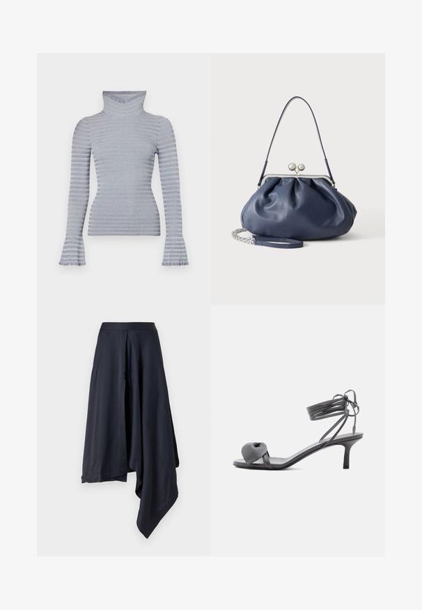 Pull à col roulé côtelé rayé gris clair et blanc avec des manches longues et des poignets légèrement évasés sur fond blanc.; Jupe midi satin navy avec un ourlet asymétrique, dotée d'une texture lisse et de drapés subtils. Taille ajustée sans fermetures visibles.; Sandale à talon en cuir gris avec une bride nouée sur les orteils et des lacets enroulants autour de la cheville, sur un talon moyen et fin, sur fond blanc.; Sac à main en cuir bleu marine doux avec fermeture à boucle argentée, une seule bandoulière, et une chaîne de poignet amovible sur fond blanc.