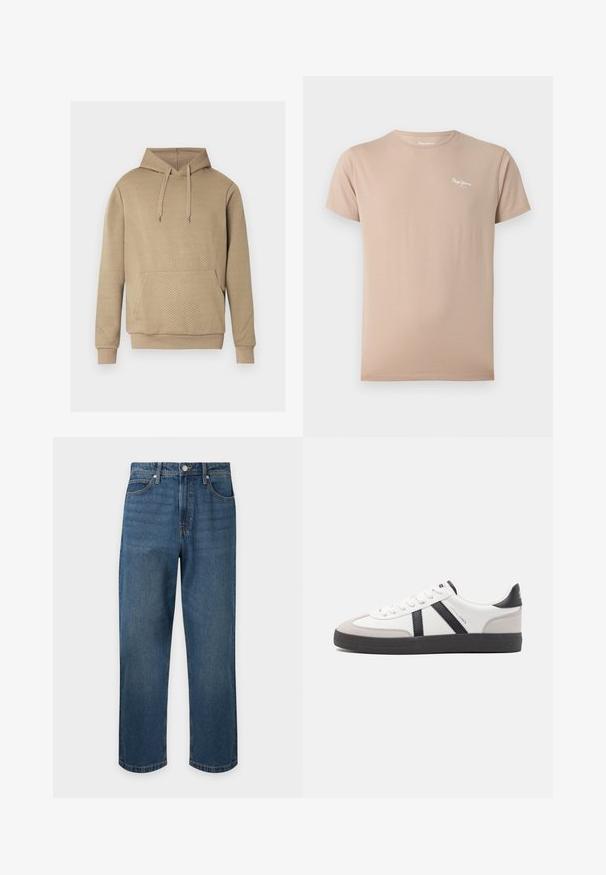 Sweat à capuche beige avec texture matelassée en losanges, poche kangourou frontale, capuche à cordon de serrage, et poignets et ourlet côtelés.; T-shirt beige manches courtes à col rond avec petit logo blanc « Pepe Jeans » sur la partie haute gauche de la poitrine.; Jean droit bleu avec poches avant, passants de ceinture, fermeture à boutons et couture visible sur fond uni.; Baskets blanches avec des accents noirs et gris, présentant un embout texturé gris, une semelle en caoutchouc noir et des lacets plats blancs. Design épuré, style minimaliste.
