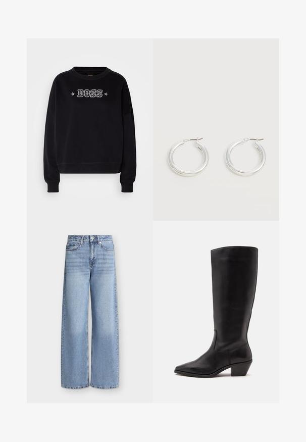 Sort sweatshirt med rund halsudskæring og lange ærmer. Har et broderet "BOSS" logo og stjernesymbolet på forsiden.; Lyseblå vidde jeans med forlommer, bæltestropper, knaplukning og falmede detaljer på lårene.; Sort læderstøvle til midtkalv med spids tå og lavt skråt hæl på en enkel lys baggrund.; Par mellemstore skinnende sølv hoops øreringe med tynde metal spænder på en lys neutral baggrund.