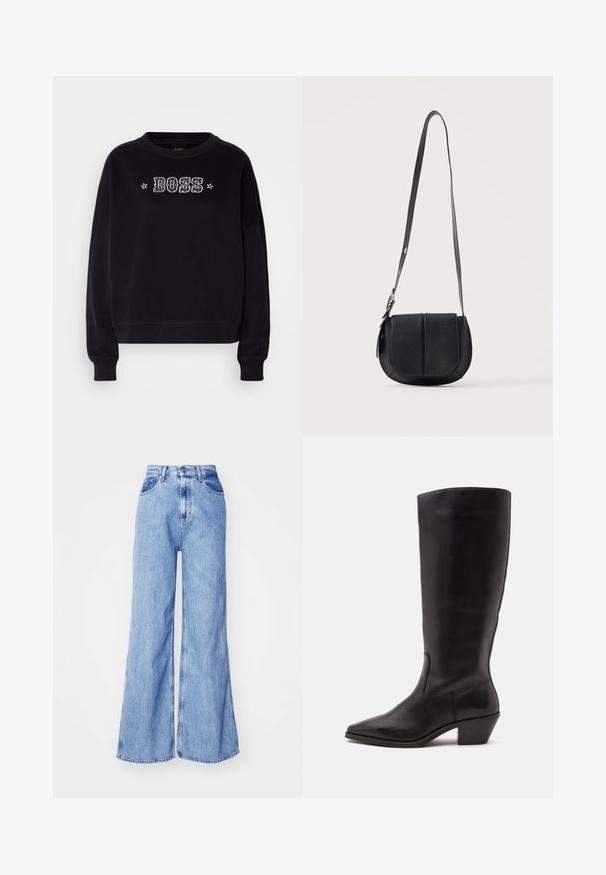 Sweatshirt noir avec un col rond et des manches longues. Il présente un logo "BOSS" brodé et des accents d'étoiles sur le devant.; Jeans en denim bleu clair à jambes larges avec une taille haute, des poches avant et des coutures surpiquées. Le tissu a une légère texture typique du denim.; Botte en cuir noire mi-mollet avec un bout pointu et un talon bas incliné sur un fond clair uni.; Sac bandoulière en cuir noir texturé avec fond arrondi, rabat avant et bandoulière réglable avec boucle métallique.