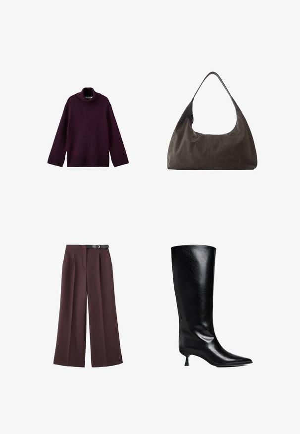 Pull en maille épaisse mauve à col roulé avec des poignet et ourlet côtelés, présentant une coupe ample et un tissu texturé.; Pantalon large marron foncé avec plis avant et ceinture noire à boucle argentée à la taille, présenté sur fond blanc.; Boot en cuir noir, montant jusqu'au genou, avec un bout pointu, une silhouette élancée et un talon carré bas, le tout avec une finition brillante.; Sac à main hobo en cuir souple marron foncé avec une large bandoulière unique et un détail subtil de couture centrale sur fond blanc.