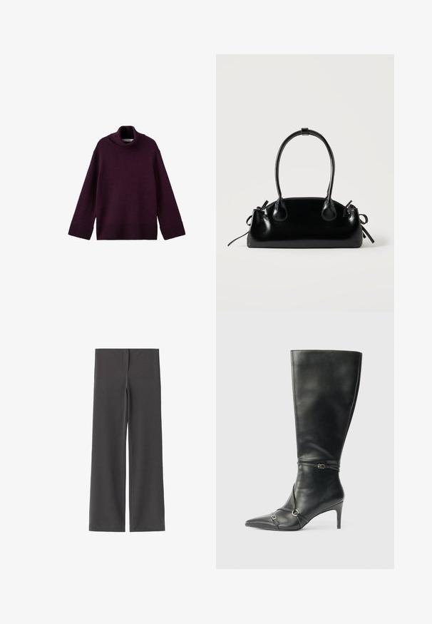 Pull en maille épaisse mauve à col roulé avec des poignet et ourlet côtelés, présentant une coupe ample et un tissu texturé.; Pantalons larges gris foncé en tissu doux et extensible. Présentent un devant plat et une texture lisse sans motifs ni éléments métalliques visibles.; Bottes noires en cuir montant jusqu'au genou, avec un talon fin, un bout pointu et des détails de lanière à la cheville. Texture lisse et design ajusté.; Petit sac à main noir brillant avec deux longues anses et des détails à cordon sur les côtés sur un fond clair uni.