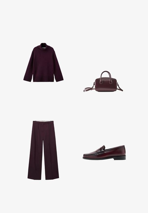 Lilla, chunky strikket turtleneck sweater med ribbede manchetter og kant, der har en løs pasform og tekstureret stof.; Viddebukser i dyb burgunder, med høj talje, frontfald og en glat stofstruktur. Enkle bæltesløjfer over taljebåndet.; Mørk burgundy læderloafers med en syet mokkasintå og et remdetalje. Minimalistisk design med en flad sort gummisål.; Lille mørkebrun læderhåndtaske med dobbelte håndtag og aftagelig skulderrem på hvid baggrund.