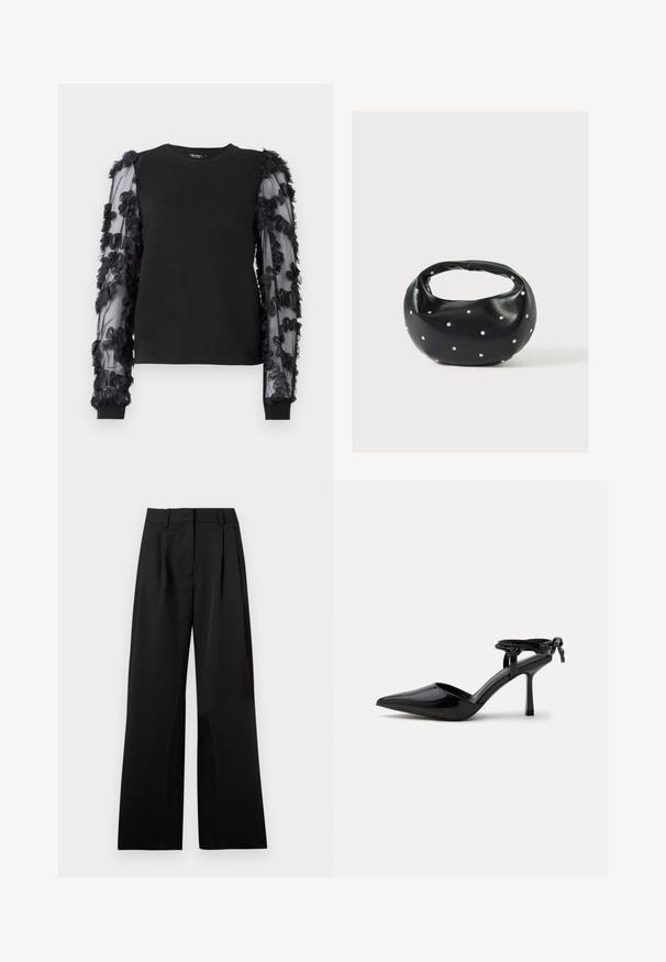 Sweatshirt noir avec de longues manches transparentes ornées d'appliqués floraux noirs. Présente un col ras du cou classique et des poignets côtelés.; Pantalon large noir avec une texture lisse, comportant des plis avant, une taille plate et des passants de ceinture. Design simple et tailleur.; Chaussure à talon haut en cuir verni noir avec bout pointu et bride de cheville nouée à l'arrière, présentée sur un fond blanc uni.; Sac à main en cuir noir de forme arrondie, décoré de clous argentés et équipé d'une poignée courte. Texture lisse et fermeture éclair.