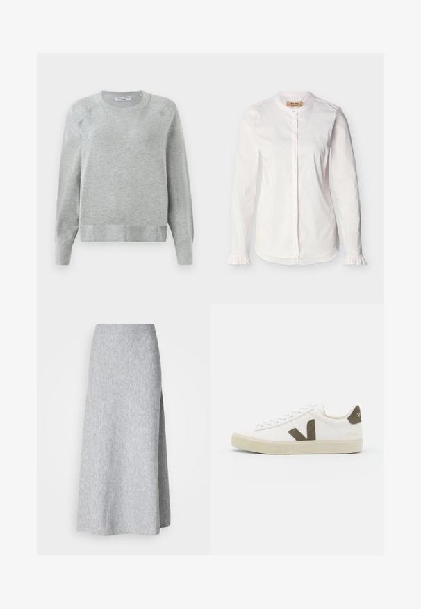 Svetlošedý crewneck sveter s dlhými rukávmi, rebrovanými manžetami a lemom, vyrobený z jemného materiálu s jemnou textúrou po celom povrchu.; Biela blúzka s dlhým rukávom, stojatým golierom, skrytým zapínaním na gombíky, jemnými vertikálnymi pruhmi a volánikovými manžetami, zobrazená na jednofarebnom pozadí.; Svetlosivá, jemne pletená midi sukňa s rebrovaným pásom a bočným rozparkom, vystavená na bielom pozadí.; Biele kožené tenisky s textúrovanou béžovou gumovou podrážkou, s výrazným hnedým logom "V" na boku a zladenými semišovými akcentmi.