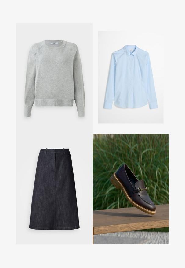 Pull léger gris clair à col rond avec manches longues, poignets et ourlet côtelés, fabriqué à partir d'un matériau doux, présentant une texture subtile sur l'ensemble.; Chemise bleu clair à manches longues, col classique, avec un logo discret brodé sur la poitrine. Tissu lisse et net.; Jupe A-line en denim foncé avec une coupe mi-longue, présentant une texture lisse et une taille simple sans fermetures visibles.; Mocassin en cuir brun foncé avec semelle en bois et détail en métal doré, suspendu au-dessus d'un banc en bois avec un fond d'herbe verte.