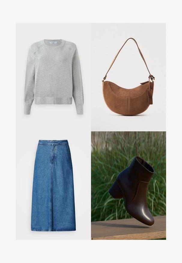 Lys grå crewneck sweater med lange ærmer, ribbede manchetter og kant, lavet af blødt materiale, med en subtil tekstur hele vejen igennem.; Denim midi-nederdel med afslappet pasform, høj talje, frynset kant og ensfarvet blå. Enkel design uden synlige udsmykninger.; Mørkebrune læderankelstøvler med blokhæl svævende over en træoverflade med grøn sløret græsbaggrund.; Brun ruskinds håndtaske med en buet, halvmåneformet silhuet. Har en skulderrem, et lille mærke og synlige sømme langs kanterne.