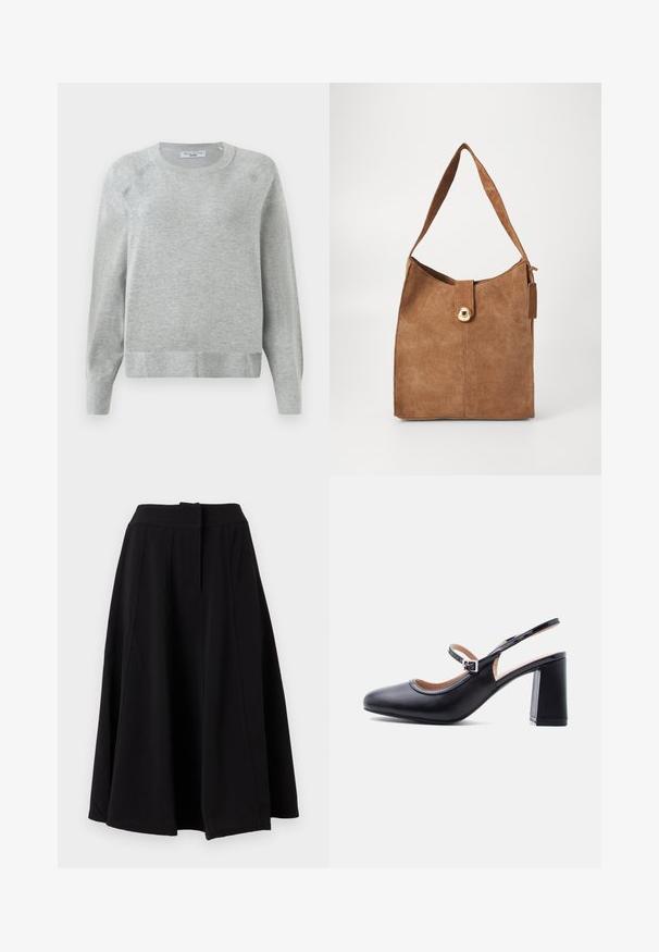 Lys grå crewneck sweater med lange ærmer, ribbede manchetter og kant, lavet af blødt materiale, med en subtil tekstur hele vejen igennem.; Sort A-line midi nederdel med bred linning og synlige lodrette syningsdetaljer, vist på ensfarvet baggrund.; Sort læder Mary Jane-pumpsko med blokhæl og justerbar rem, vist fra siden på hvid baggrund.; Brun ruskind skuldertaske med en enkel strop, der har en guldfarvet lås og en glat overflade. Minimalistisk design med en flad bund.