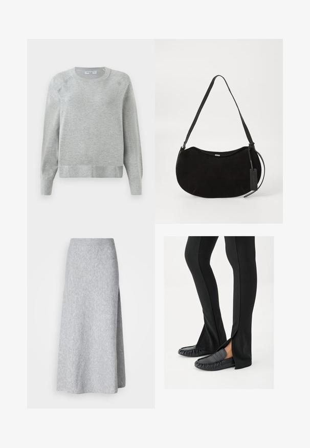 Lys grå crewneck sweater med lange ærmer, ribbede manchetter og kant, lavet af blødt materiale, med en subtil tekstur hele vejen igennem.; Lys grå, blød strikket midi-nederdel med ribbet talje og sideslids, præsenteret på en hvid baggrund.; Ben iført sorte flagrende bukser med sideslids, kombineret med sorte lædermoccasins på en hvid baggrund.; Sort ruskind skuldertaske med en buet form, justerbar rem og et lædermærke hængende fra den ene side.