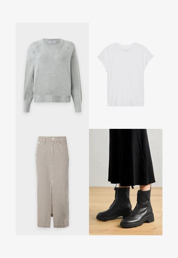 Pull léger gris clair à col rond avec manches longues, poignets et ourlet côtelés, fabriqué à partir d'un matériau doux, présentant une texture subtile sur l'ensemble.; T-shirt blanc à manches courtes, col rond, coupe décontractée, en tissu de coton doux. Texture lisse, sans motifs ni logos.; Jupe midi rayée en beige clair et marron foncé, fabriquée en coton, avec une fente sur le devant et des passants de ceinture. Design classique et coupe ajustée.; Bottines en cuir noir avec une semelle plateforme épaisse et une fermeture éclair à l'avant. Texture lisse avec un design minimaliste.