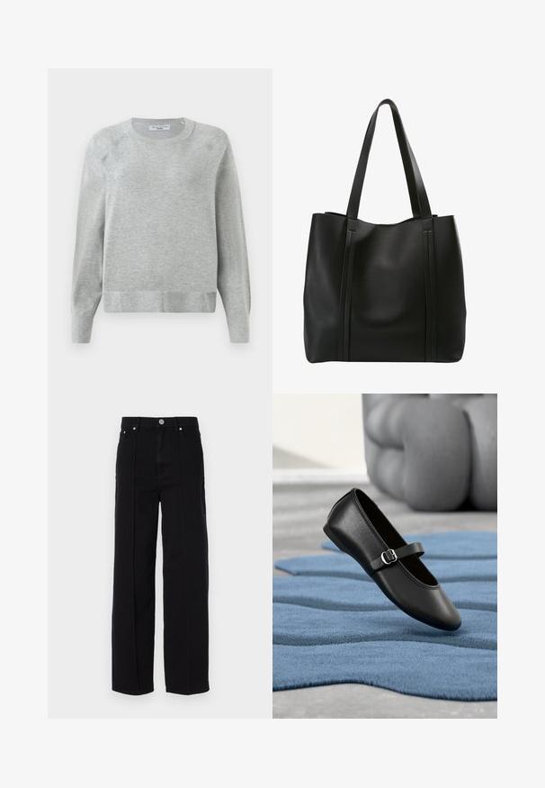Lys grå crewneck sweater med lange ærmer, ribbede manchetter og kant, lavet af blødt materiale, med en subtil tekstur hele vejen igennem.; Sorte denim bredde ben bukser med høj talje, der har fem lommer, metal knaplukning og lige søm detaljer langs siderne.; Sort Mary Jane-sko med spænde, der svæver over et tekstureret blåt tæppe med en sløret grå genstand i baggrunden.; Sort læder tote bag med to lange håndtag, der har et minimalistisk design, glat tekstur og lodrette sømme på fronten.