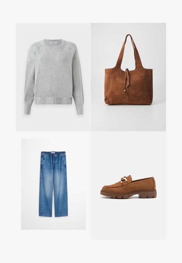 Lys grå crewneck sweater med lange ærmer, ribbede manchetter og kant, lavet af blødt materiale, med en subtil tekstur hele vejen igennem.; Lyseblå vidbenet denimbukser med elastik i taljen og snor, med let falmning og afslappet pasform.; Brune ruskindsloafers med en dekorativ kæde i guldfarve, der har en tekstureret gummisål og rund tådesign.; Brun ruskinds tote bag med to lange håndtag, snøre lukning og glat tekstur. Har et enkelt design og minimale accenter.