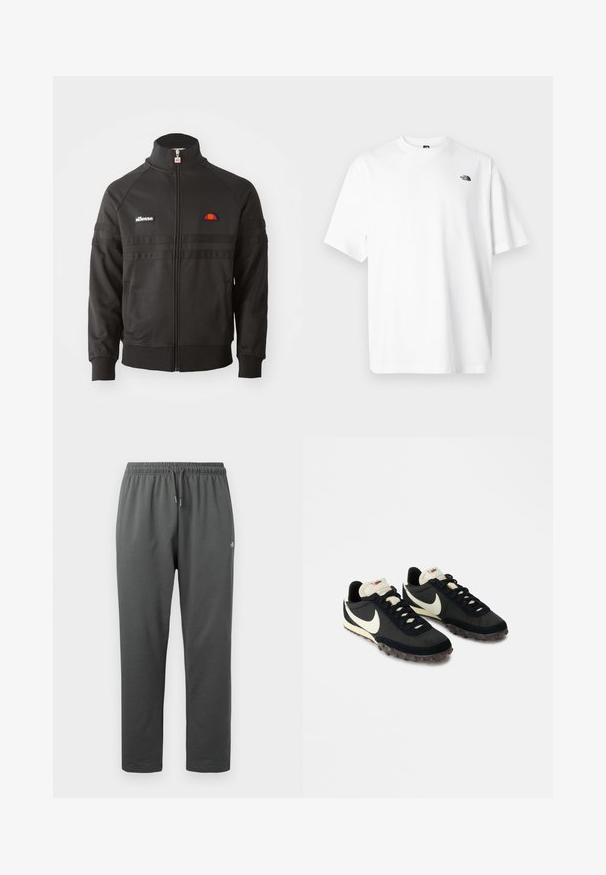 Sort zip-up sportsjakke med høj krave, ribbede manchetter og små ellesse-logoer på brystet og lynlåsen.; Hvid bomuld t-shirt med korte ærmer, V-udskæring, med en lille sort logo på øverste venstre side. Blød tekstur, afslappet pasform.; Mørkegrå fleece-sweatpants med elastisk taljebånd og snor, med en lille logo på højre lår.; Sorte sportssko med en struktureret overdel, hvid swoosh-logo og gummisål med små stik til trækkraft. Elfenbensfarvet krave.