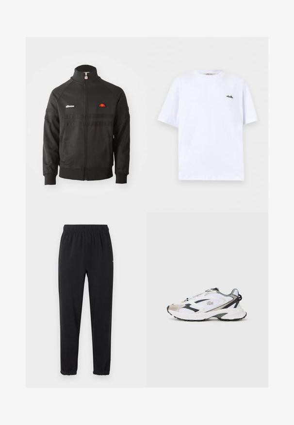 Sort zip-up sportsjakke med høj krave, ribbede manchetter og små ellesse-logoer på brystet og lynlåsen.; Hvid T-shirt med korte ærmer og rund hals med lille sort ellesse-logo på venstre bryst mod en ensfarvet baggrund.; Sorte joggingbukser med elastik i taljen og elastiske manchetter, lige pasform og uden synlige udsmykninger, vist mod en lys baggrund.; Hvide sportsko med sølv- og sorte detaljer, mesh-overdel, struktureret sål og et strømlinet design med et logo på siden.