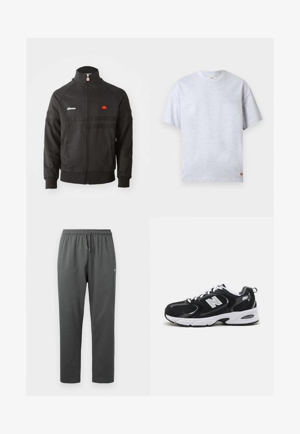 Sort zip-up sportsjakke med høj krave, ribbede manchetter og små ellesse-logoer på brystet og lynlåsen.; Enkelt lysegråt T-shirt med korte ærmer og rund hals, med en lille rektangulær logo-tag nederst ved højre kant.; Mørkegrå fleece-sweatpants med elastisk taljebånd og snor, med en lille logo på højre lår.; Sorte og grå sportssko med mesh og ruskind på overdelen, der har en hvid mellemsål, snørebånd og et iøjnefaldende "N" logo på siden.