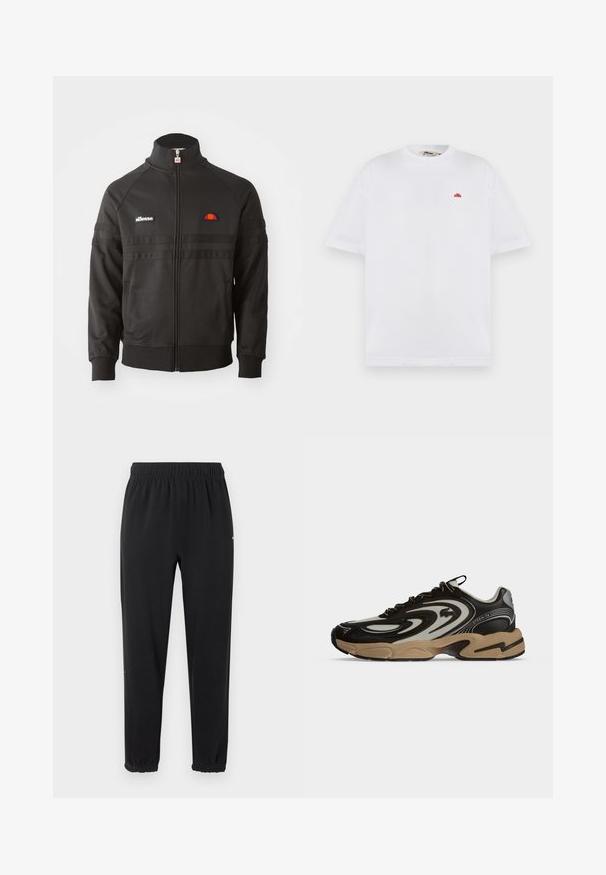 Zwarte sportjack met ritssluiting en hoge kraag, geribde manchetten en kleine ellesse logo patches op de borst en ritstrekkertje.; Witte T-shirt met korte mouwen, een ronde hals en een klein rood logo op de linkerborst.; Zwarte joggerbroek met elastische taille en elastische boorden, rechte pasvorm, zonder zichtbare versieringen, afgebeeld tegen een lichte achtergrond.; Zwart-beige sneaker met golfachtige patronen, vetersluiting en dikke zool op een effen lichte achtergrond.