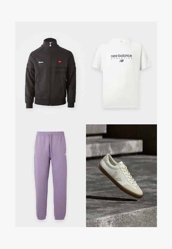 Sort zip-up sportsjakke med høj krave, ribbede manchetter og små ellesse-logoer på brystet og lynlåsen.; Hvid kortærmet T-shirt med rund hals og trykket "new balance ATHLETICS" samt "NB"-logo i mørkeblå på midten foran.; Joggingbukser i lilla farve med elastisk taljebånd og ankellukninger, med en lille hvid logo på venstre lår.; Hvide læder sneakers med tanfarvet gummisål, flade snørebånd og V-formet detalje på siden. Har en glat overflade og minimale syninger.