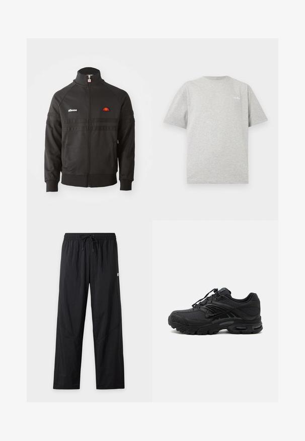 Zwarte sportjack met ritssluiting en hoge kraag, geribde manchetten en kleine ellesse logo patches op de borst en ritstrekkertje.; Lichtgrijs T-shirt met korte mouwen en ronde hals, met klein wit logo op de linkerborst, tegen een witte achtergrond.; Zwarte loszittende broek met elastische tailleband en trekkoord, lichtgewicht stof en subtiele stikdetails op de benen.; Zwarte atletische sneaker met textuurstof, dikke gevoerde zool, luchtopeningen en vetersluiting, vanaf de zijkant weergegeven tegen een lichte achtergrond.