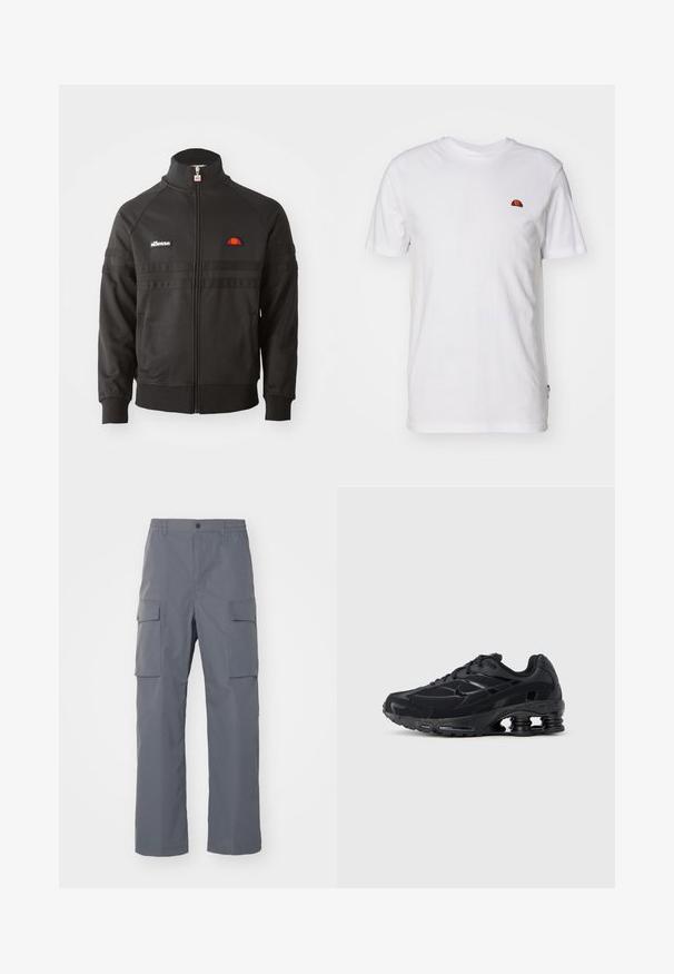 Zwarte sportjack met ritssluiting en hoge kraag, geribde manchetten en kleine ellesse logo patches op de borst en ritstrekkertje.; Eenvoudig wit T-shirt met korte mouwen met een klein rood-oranje halve cirkel logo op het bovenste linkerborstgedeelte.; Grijze cargobroek van duurzaam materiaal. Kenmerken zijn een elastische tailleband, twee grote zijzakken en een rechte pijp.; Zwarte sportieve schoen met een bovenwerk van mesh, een gevoerde kraag en opvallende dempingstechnologie bij de hiel. Heeft gestructureerde accenten en veters.