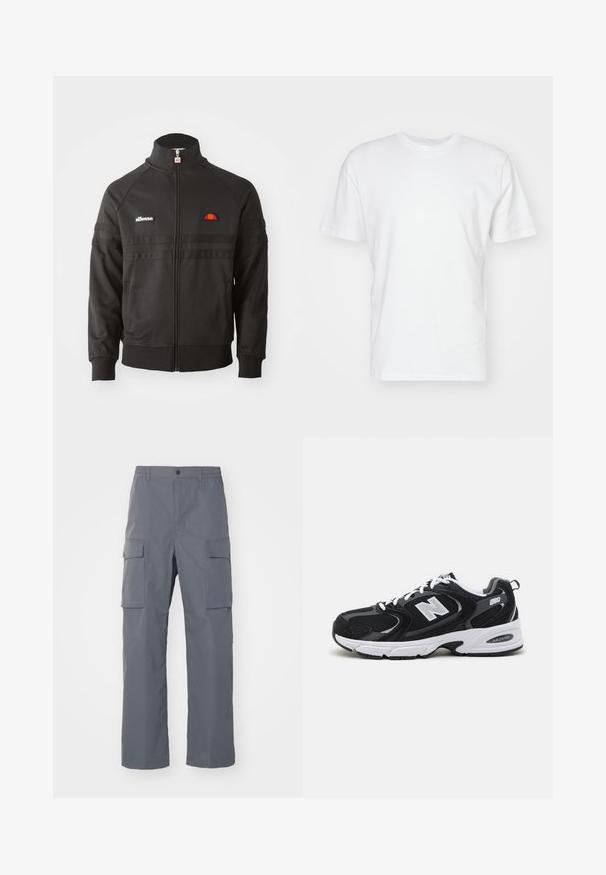 Sort zip-up sportsjakke med høj krave, ribbede manchetter og små ellesse-logoer på brystet og lynlåsen.; Hvid bomulds T-shirt med korte ærmer, rund halsudskæring og en glat tekstur. Enkel design uden mønstre eller grafik.; Grå cargo-bukser lavet af holdbart stof. Funktioner inkluderer en elastisk talje, to store sidelommer og en lige benudskæring.; Sorte og grå sportssko med mesh og ruskind på overdelen, der har en hvid mellemsål, snørebånd og et iøjnefaldende "N" logo på siden.
