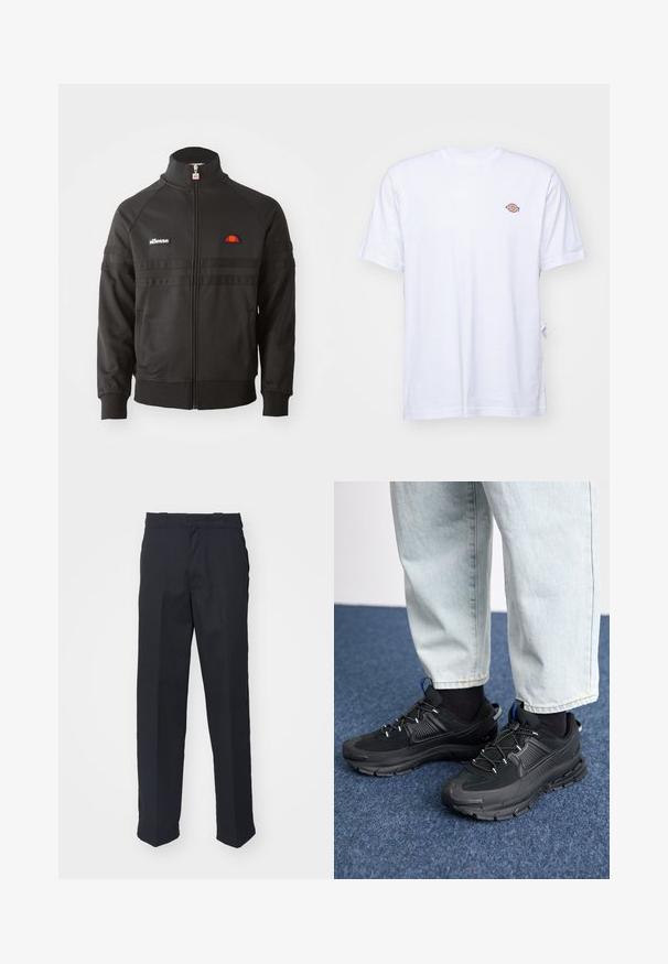 Sort zip-up sportsjakke med høj krave, ribbede manchetter og små ellesse-logoer på brystet og lynlåsen.; Hvid bomulds t-shirt med v-hals og korte ærmer. Har et lille farverigt broderet logo på venstre bryst. Blød tekstur.; Sorte skræddersyede bukser med lige ben, fremstillet af glat stof, med et taljebånd med løkker og uden synlige mønstre eller hardware.; Sorte træningssko med tekstureret stof og gummisåler, udstyret med elastiske snørebånd og en blå detalje på hælen. Bæres med lyse denimbukser.