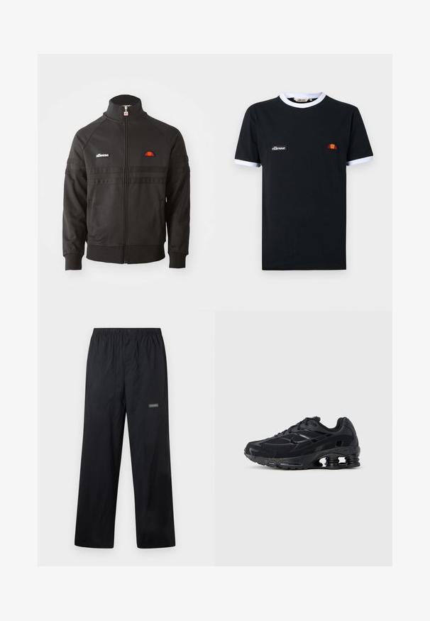 Sort zip-up sportsjakke med høj krave, ribbede manchetter og små ellesse-logoer på brystet og lynlåsen.; Sort t-shirt med korte ærmer med hvid kant på krave og ærmer, med et lille "ellesse" logo-patch og en halvcirkelformet orange og rød emblemlogo.; Sorte letvægts udendørsbukser med elastisk talje, knap foran, to forlommer og lille Columbia-logo på højre lår.; Sort atletiksko med mesh-overdel, polstret krave og markant støddæmpningsteknologi ved hælen. Har teksturerede detaljer og snørebånd.