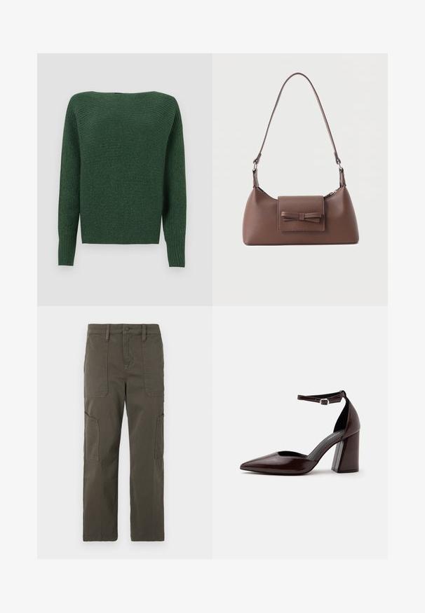 Tmavo zelený pletený sveter s textúrovaným povrchom, širokým výstrihom a dlhými rukávmi. Telo má rovný strih a rebrované manžety.; Good American CROPPED PANTS - Kapsáče - fatigue; Tmavohnedá kožená lodička s klinovou špičkou, vysokým podpätkom, členkovým remienkom a striebornou prackou na bielom pozadí.; Hnedá kožená taška na rameno s predným vreckom na prekrytie, ktoré má prešitý detail mašle a nastaviteľný popruh.