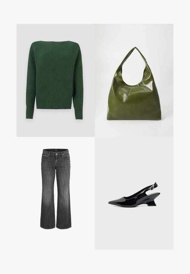 Mørkegrønt striktrøje med en tekstureret overflade, bred halsudskæring og lange ærmer. Kroppen har en lige skæring og ribbede manchetter.; Sorte, falmede, straight-leg jeans i denim med forreste knap, bæltestropper og fem-lommer design.; Sort laklæder slingback sko med spids tå og lav vinklet blokhæl på ensartet lys baggrund.; Grøn læder hobo taske med en slouchy design, buet håndtag og glat tekstur. Indeholder ingen synlig hardware eller accenter.