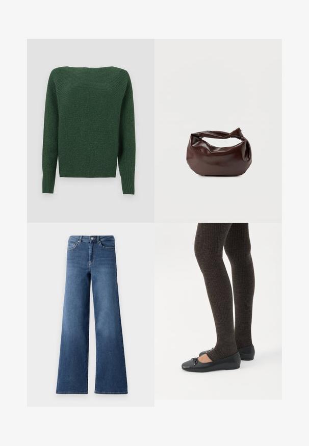 Mørkegrønt striktrøje med en tekstureret overflade, bred halsudskæring og lange ærmer. Kroppen har en lige skæring og ribbede manchetter.; Bredde ben blå denimjeans med en standard talje, forlommer og en glat tekstur. Ingen synlige mønstre eller udsmykninger.; Ben iført mørke ribbede leggings kombineret med sorte balletsko med små sløjfedetaljer på hvid baggrund.; Mørkebrun læder skuldertaske med en blød, afslappet form og et snoet knudehåndtag på en ensartet hvid baggrund.