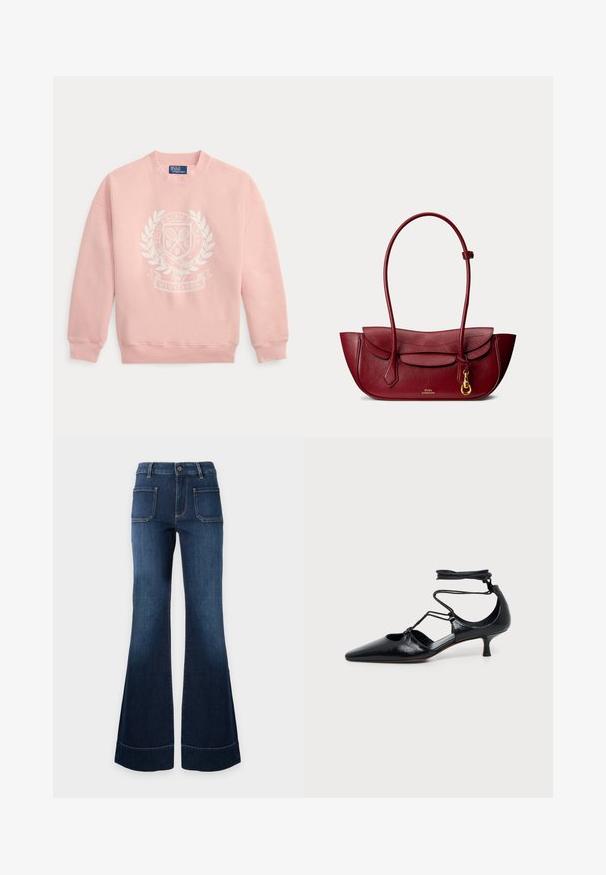 Sweat-shirt rose clair col rond avec blason blanc Polo Ralph Lauren Wimbledon représentant des raquettes de tennis et une couronne de laurier sur le devant.; Jean en denim bleu foncé avec taille haute, jambes larges évasées, deux grandes poches plaquées à l'avant et fermeture par boutons à la taille.; Chaussure noire à bout pointu et talon kitten avec brides autour de la cheville et détails découpés sur les côtés, présentée sur un fond uni clair.; Sac à bandoulière en cuir rouge avec longues anses, fermeture à rabat et petit fermoir doré sur le devant.