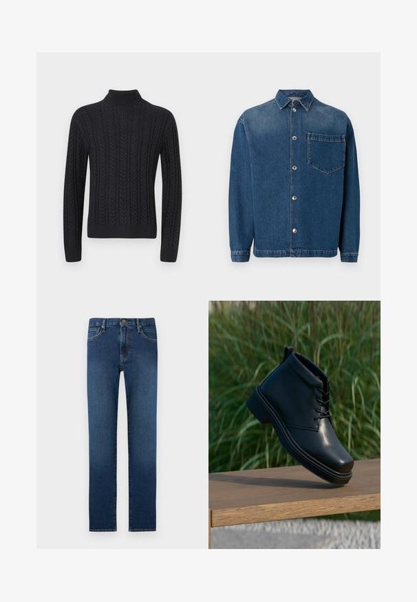 Sort strikket turtleneck sweater med et tekstureret mønster af lodrette fletninger, ribbede manchetter og kant for en tætsiddende pasform.; Mørkeblå denimskjorte med knaplukning foran, krave og en enkelt brystlomme. Glat tekstur og klassisk pasform. Sølvknapper som hardware.; Mørkeblå denimjeans med lige ben, fem lommer, knaplukning og kontrastsyninger.; Sorte læder ankelstøvler med en glat finish, rund tå og en kontrasterende brun hæl. Snørebånd og syningsdetaljer er synlige.