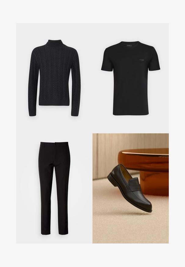 Sort strikket turtleneck sweater med et tekstureret mønster af lodrette fletninger, ribbede manchetter og kant for en tætsiddende pasform.; Sort kortærmet t-shirt med rund halsudskæring og lille gråt "GUESS"-logo på venstre bryst, vist på en ensfarvet hvid baggrund.; Sorte bukser lavet af glat stof, med lige ben, lukkes med knapper foran og har diskrete sidelommer. Enkelt og skræddersyet udseende.; Sort læder loafers med lav hæl svævende over beige tæppe ved rundt brunt bord.