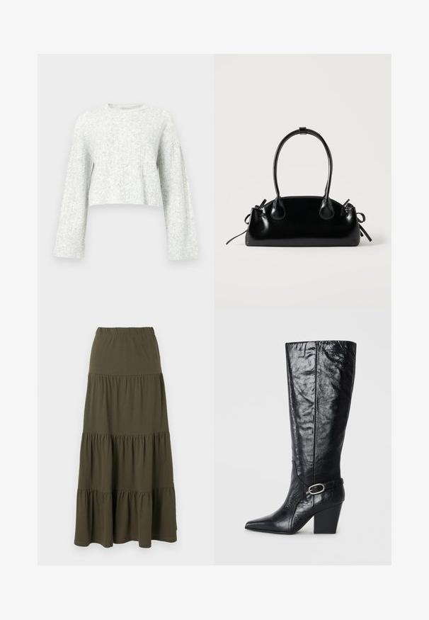 Pull gris clair en maille avec col rond, manches longues et poignets côtelés, présentant un motif texturé doux.; Jupe maxi verte olive à volants avec taille élastique et panneaux de tissu froncés.; Bottes noires montantes en cuir brillant, avec un bout pointu, une forme structurée, et une sangle décorative avec une boucle en argent.; Petit sac à main noir brillant avec deux longues anses et des détails à cordon sur les côtés sur un fond clair uni.