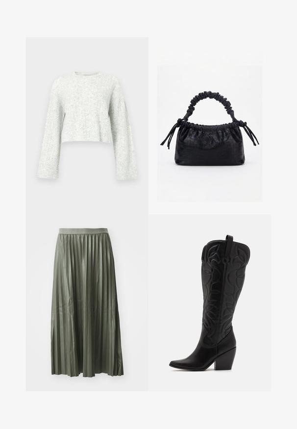 Pull gris clair en maille avec col rond, manches longues et poignets côtelés, présentant un motif texturé doux.; Jupe midi plissée en vert doux, réalisée en tissu brillant. Elle possède une taille élastique et tombe au milieu du mollet avec des plis verticaux régulièrement espacés.; Bottes hautes en cuir noir jusqu'aux genoux avec bout pointu et talon empilé. Caractéristiques de coutures décoratives et éléments de design courbés.; Sac à main noir avec texture crocodile, bord supérieur froncé, poignée plissée et pompons à cordon de chaque côté sur fond blanc.