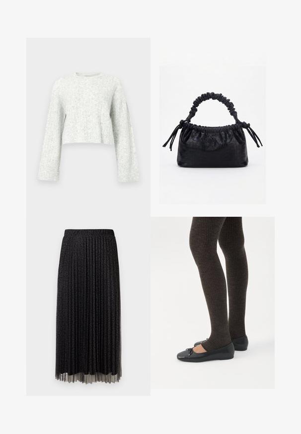 Pull gris clair en maille avec col rond, manches longues et poignets côtelés, présentant un motif texturé doux.; Jupe midi plissée noire avec un léger motif léopard, taille élastique et texture transparente à l'ourlet.; Jambes portant des leggings côtelés foncés associés à des ballerines noires avec de petits détails en nœud sur fond blanc.; Sac à main noir avec texture crocodile, bord supérieur froncé, poignée plissée et pompons à cordon de chaque côté sur fond blanc.