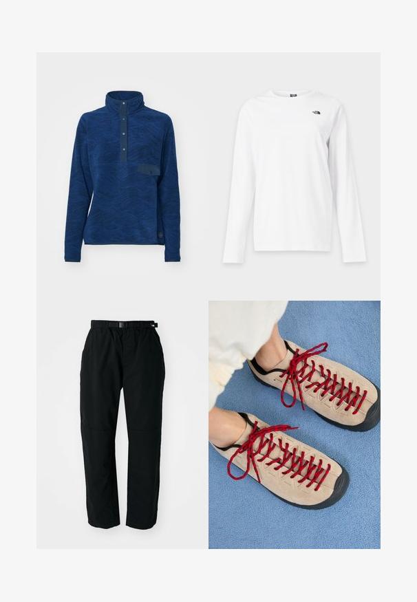 Marineblauwe fleece pullover met een hoge kraag, gestructureerd golfpatroon, knoopsluiting en een klein borstzakje. Rekbaar materiaal, lange mouwen.; Wit shirt met lange mouwen en ronde hals met klein zwart The North Face-logo op de linkerborst.; Zwarte lichtgewicht broek met een elastische tailleband en verstelbare riem. Kenmerkt zich door taps toelopende benen en versterkte knieën voor duurzaamheid.; Beige schoenen met rode veters, geplaatst op een blauwe, gestructureerde ondergrond, onthullen gedeeltelijk de enkel van een persoon. De schoenen hebben een sportief ontwerp.