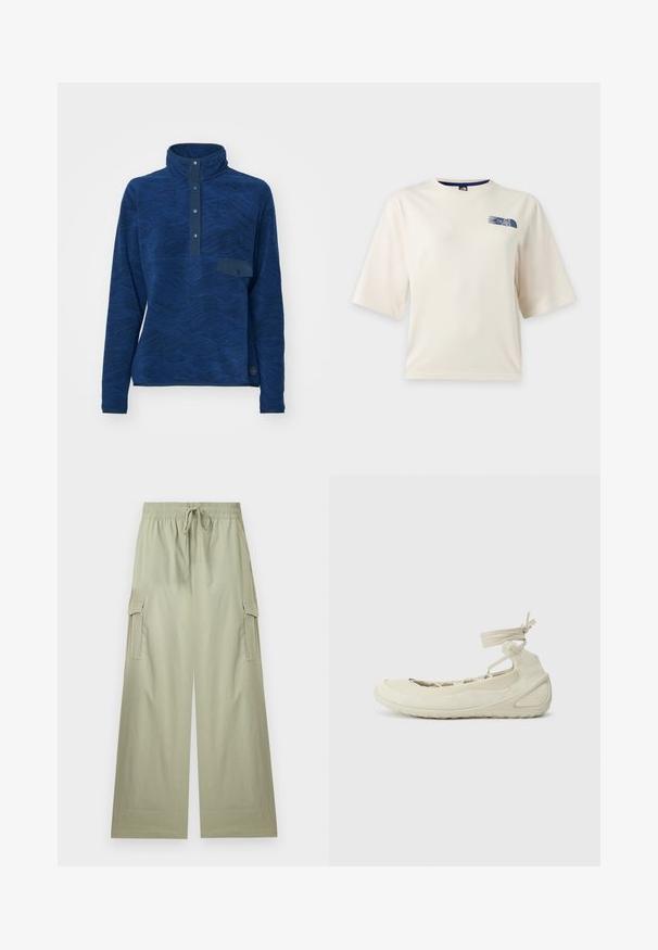 Marineblauwe fleece pullover met een hoge kraag, gestructureerd golfpatroon, knoopsluiting en een klein borstzakje. Rekbaar materiaal, lange mouwen.; Wit T-shirt met korte mouwen met een klein blauw The North Face-logo op de bovenste linkerborst.; Lichtgroene cargo-broek met wijde pijpen, elastische tailleband en trekkoord, met zijflappzakken en een ontspannen pasvorm.; Lichtbeige ballet flats met een ronde neus, vetersluiting bij de enkel, textuur op het oppervlak en een flexibele zool. Geschikt voor casual kleding.